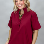 Entro Big Sun wine pleated blouse, styled