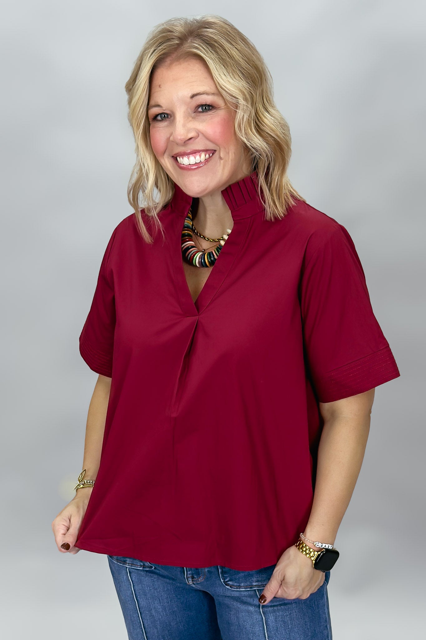 Entro Big Sun wine pleated blouse, styled