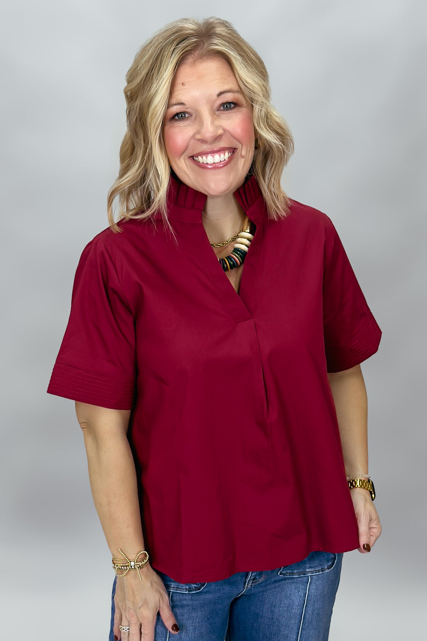Entro Big Sun wine pleated V-neck blouse, alternate view