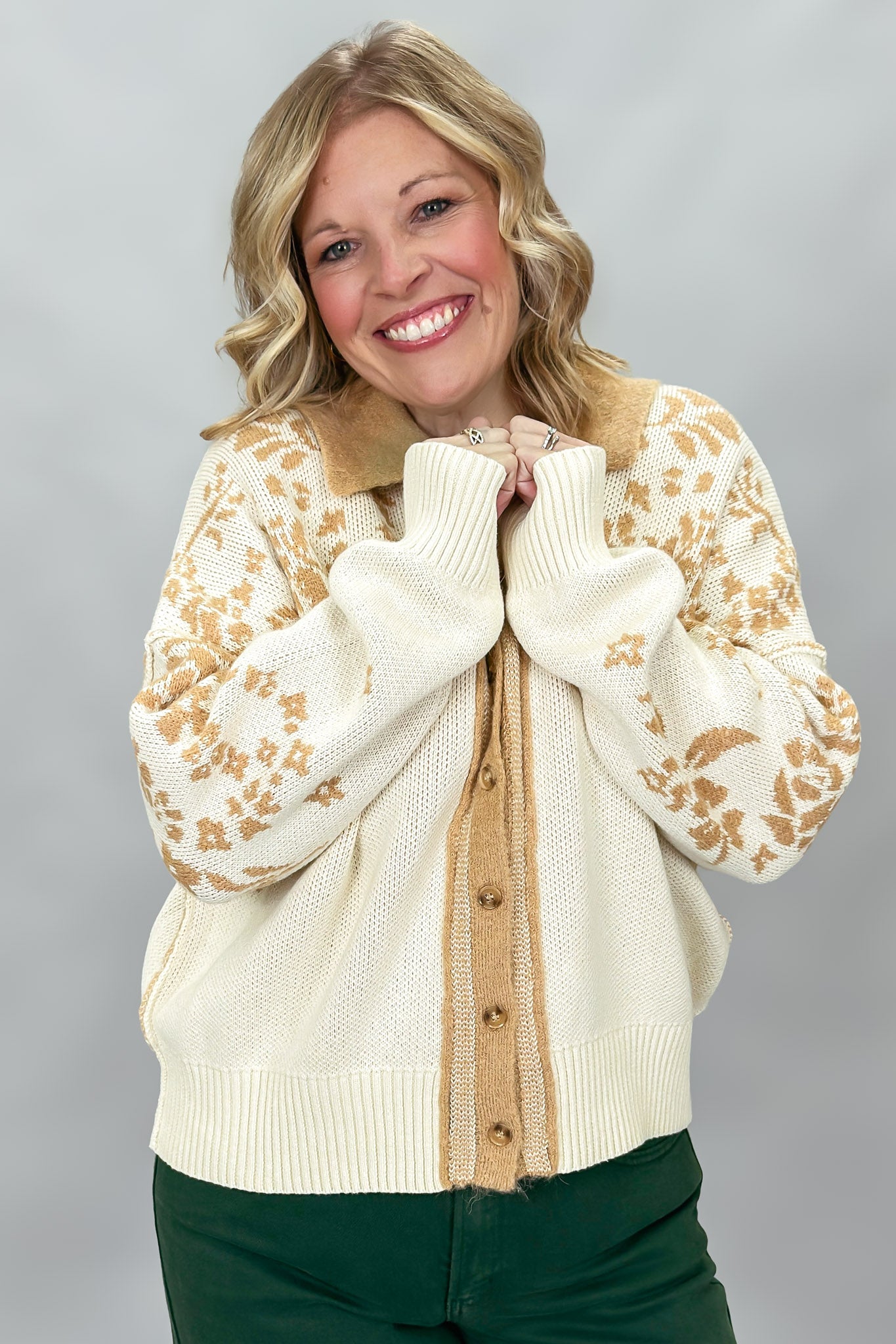 Staccato oatmeal and tan floral jacquard button-front cardigan; front model view.