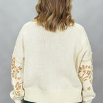 Staccato oatmeal and tan floral jacquard button-front cardigan; back view.