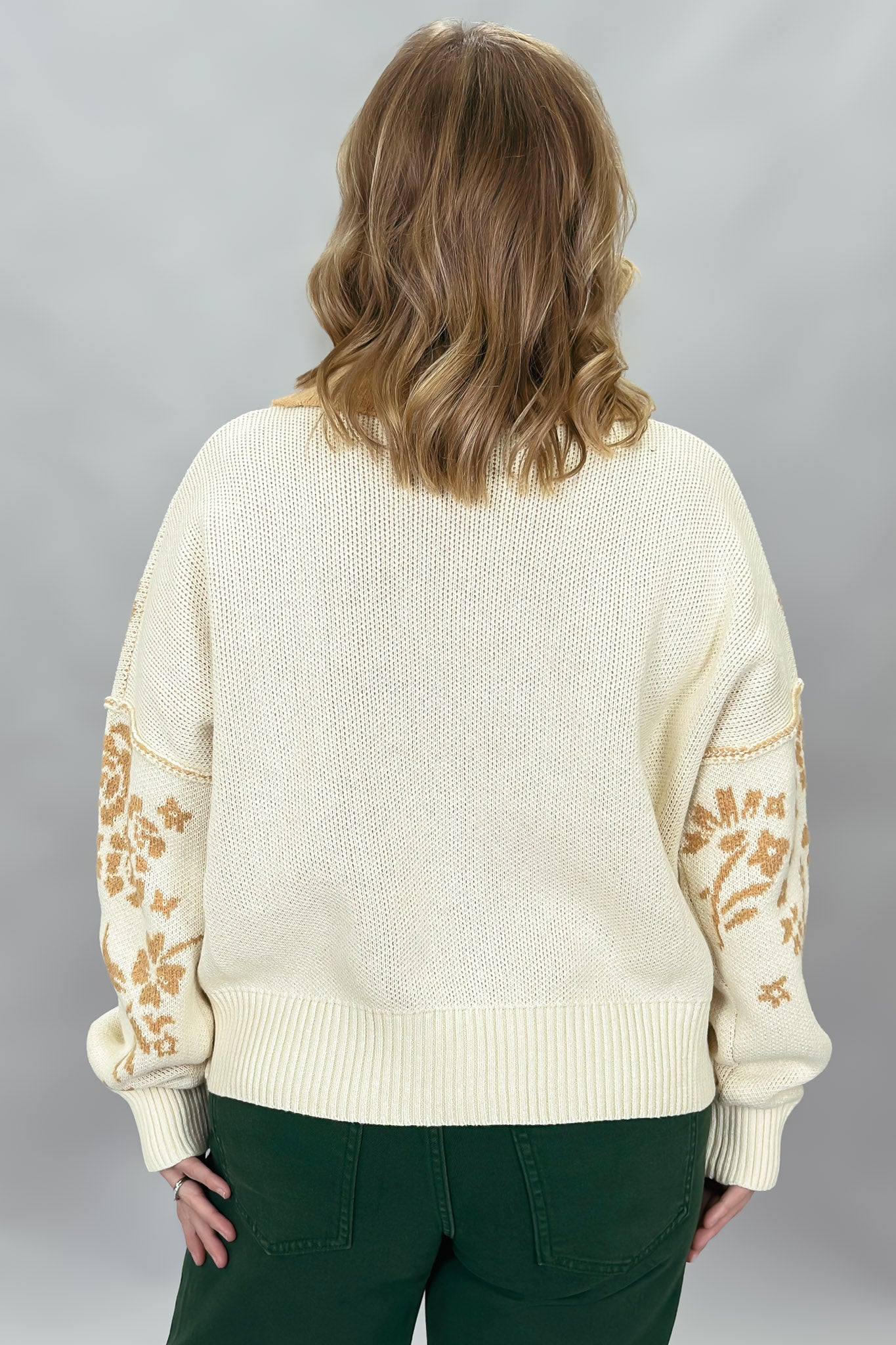 Staccato oatmeal and tan floral jacquard button-front cardigan; back view.