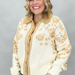 Staccato oatmeal and tan floral jacquard button-front cardigan; angled model view.