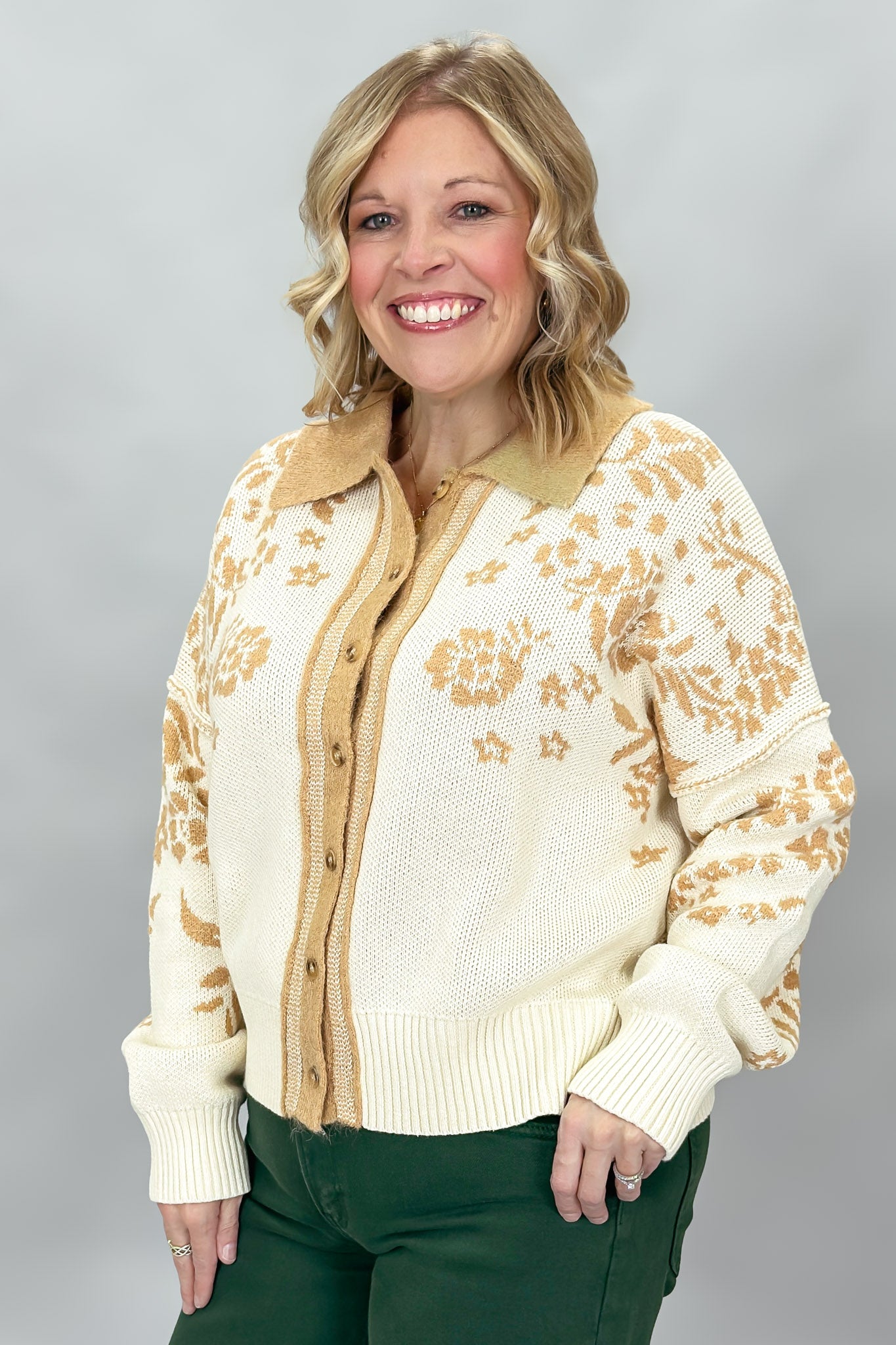 Staccato oatmeal and tan floral jacquard button-front cardigan; angled model view.