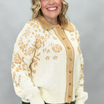 Staccato oatmeal and tan floral jacquard button-front cardigan; angled model view.