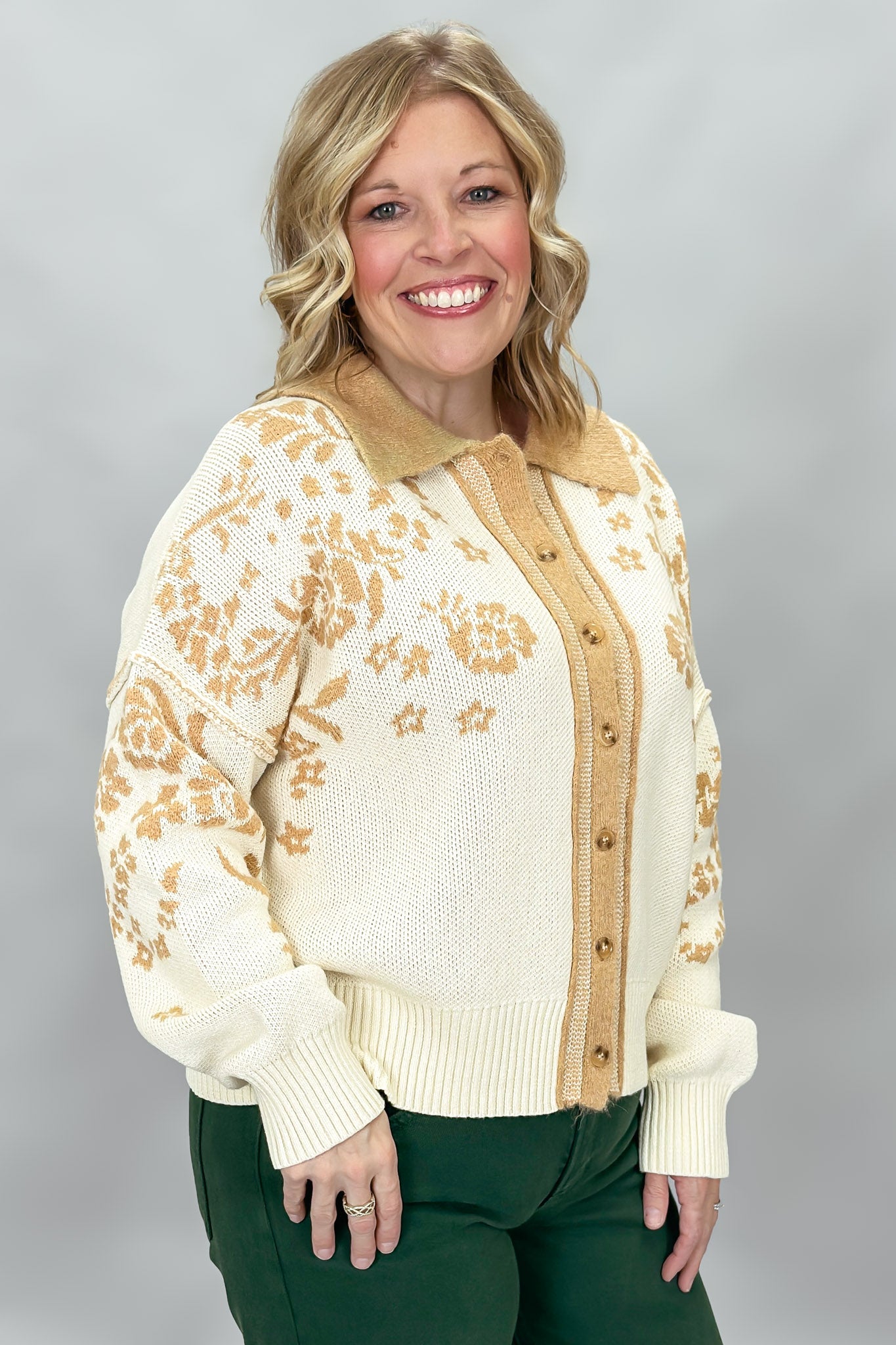 Staccato oatmeal and tan floral jacquard button-front cardigan; angled model view.