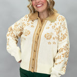 Staccato oatmeal and tan floral jacquard button-front cardigan; front model view.