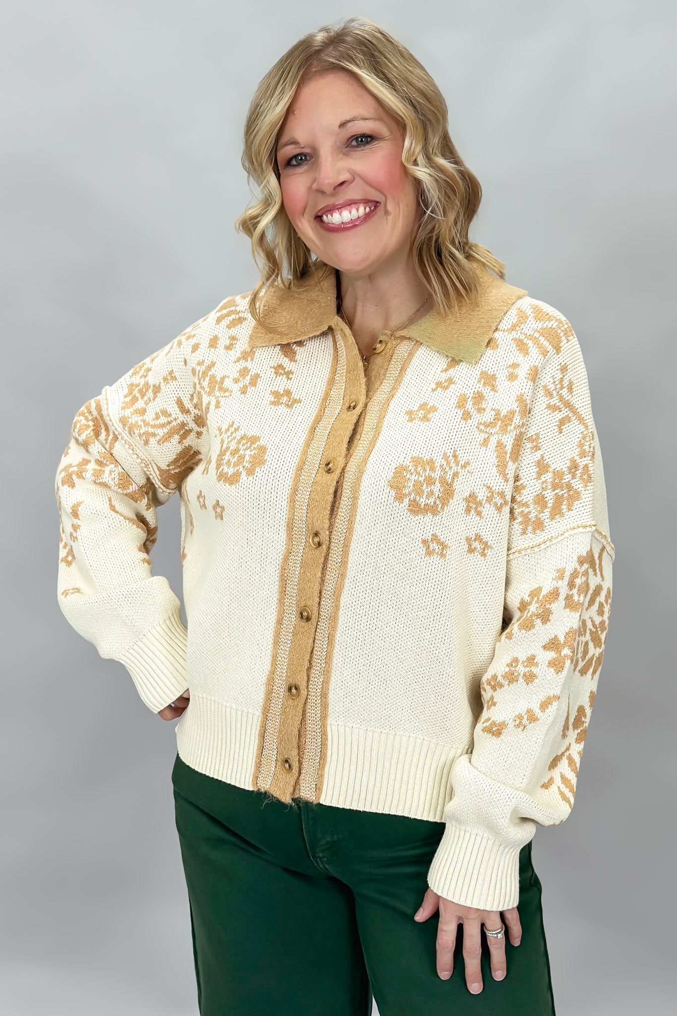 Staccato oatmeal and tan floral jacquard button-front cardigan; front model view.