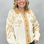 Staccato oatmeal and tan floral jacquard button-front cardigan; front model view.