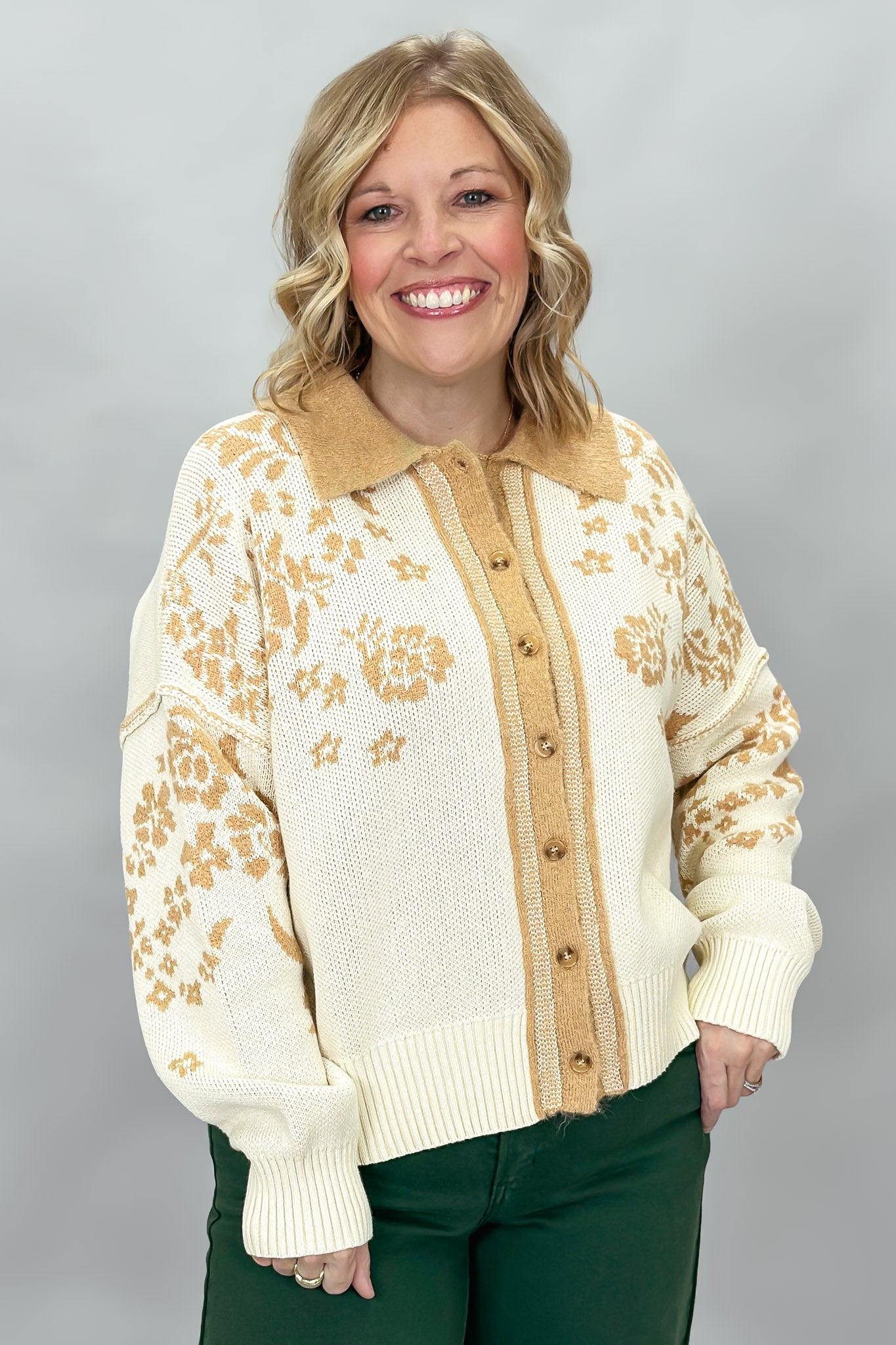 Staccato oatmeal and tan floral jacquard button-front cardigan; front model view.