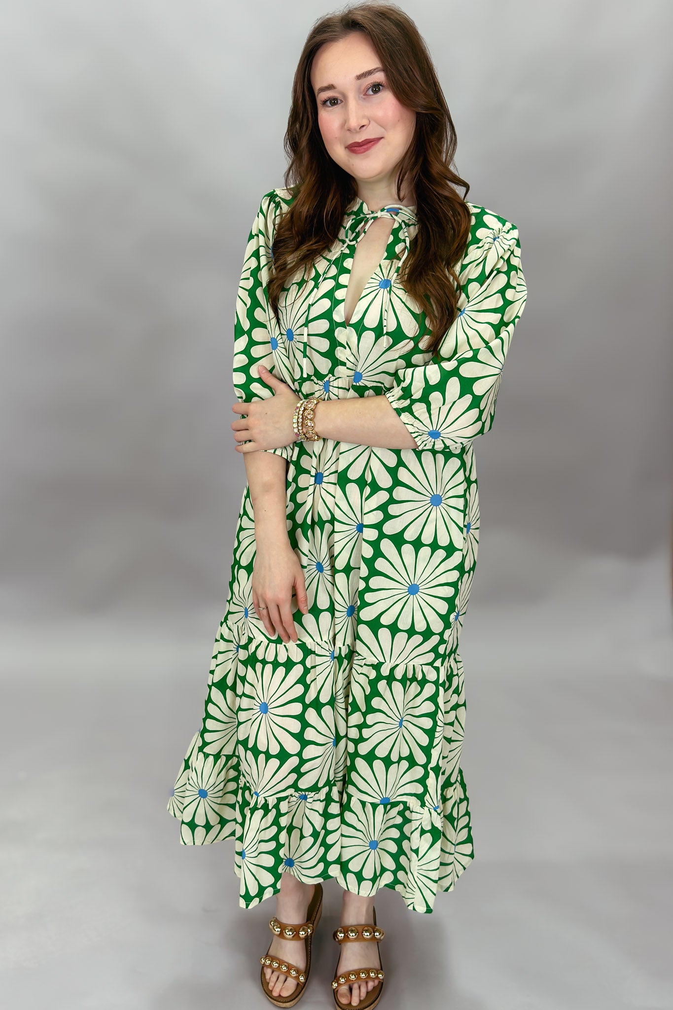 Bless Your Heart Flower Print Tiered Maxi, Green Dress M