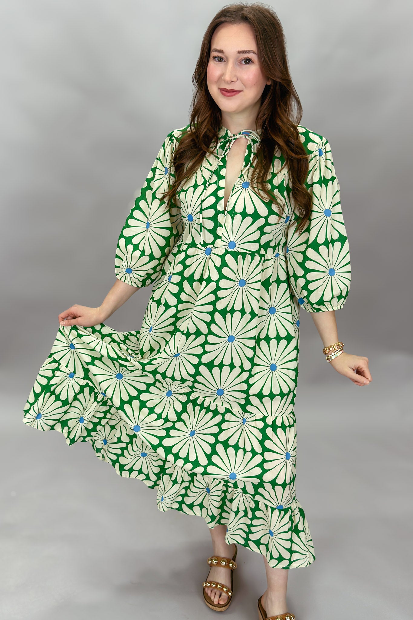 Bless Your Heart Flower Print Tiered Maxi, Green Dress M