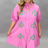 Block Print Embroidery Ruffle Neck Mini Dress, Lilac