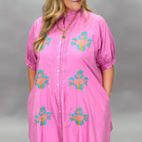 Block Print Embroidery Ruffle Neck Mini Dress, Lilac