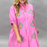 Block Print Embroidery Ruffle Neck Mini Dress, Lilac