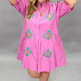 Block Print Embroidery Ruffle Neck Mini Dress, Lilac