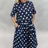 Born Again Polka Dot Pleated Maxi Skirt, Navy