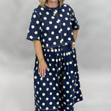 Born Again Polka Dot Pleated Maxi Skirt, Navy