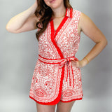 Bring It Back Tie Close Red Floral Sleeveless Linen Romper