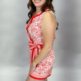 Bring It Back Tie Close Red Floral Sleeveless Linen Romper