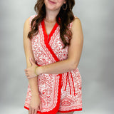 Bring It Back Tie Close Red Floral Sleeveless Linen Romper
