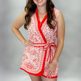 Bring It Back Tie Close Red Floral Sleeveless Linen Romper