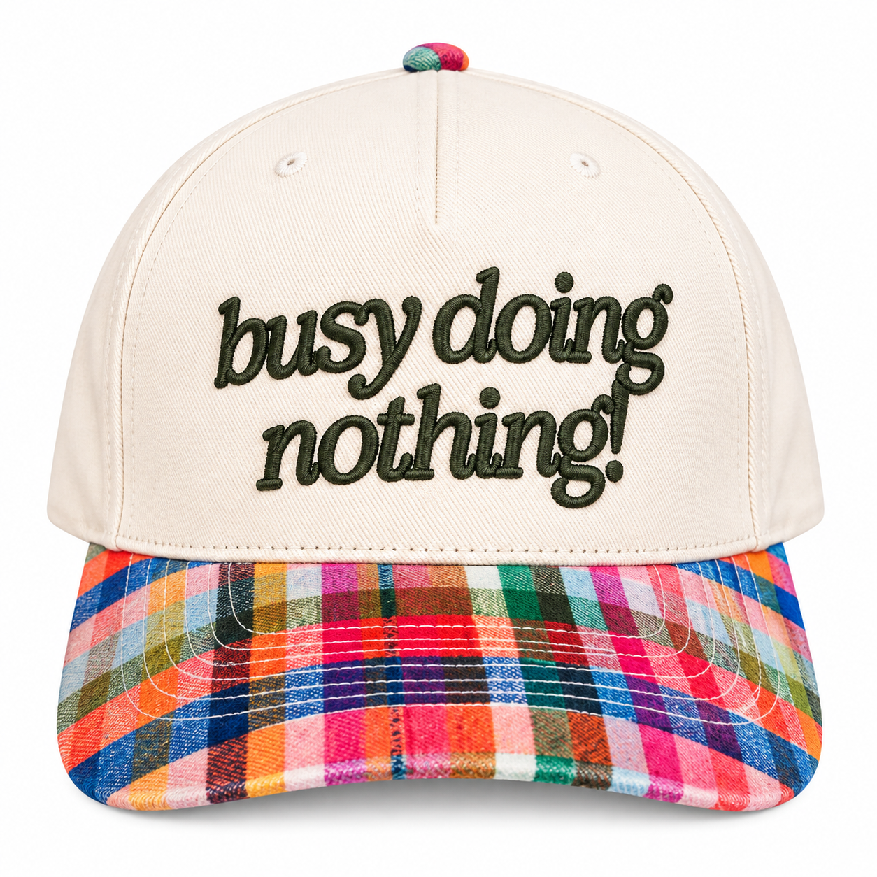 Busy Doing Nothing embroidered on hat with plaid pattern bill