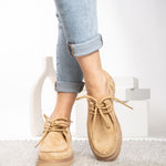 Close view of Corkys Fall For It camel moc-toe stitching and lace-up detail