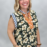 Calling After Me Floral Gingham V-neck Top, Green