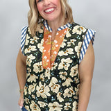 Calling After Me Floral Gingham V-neck Top, Green