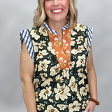 Calling After Me Floral Gingham V-neck Top, Green