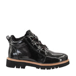 Corkys Campfire black crinkle patent boot showing lace-up front