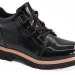 Corkys Campfire black crinkle patent lace-up ankle boot with lug sole