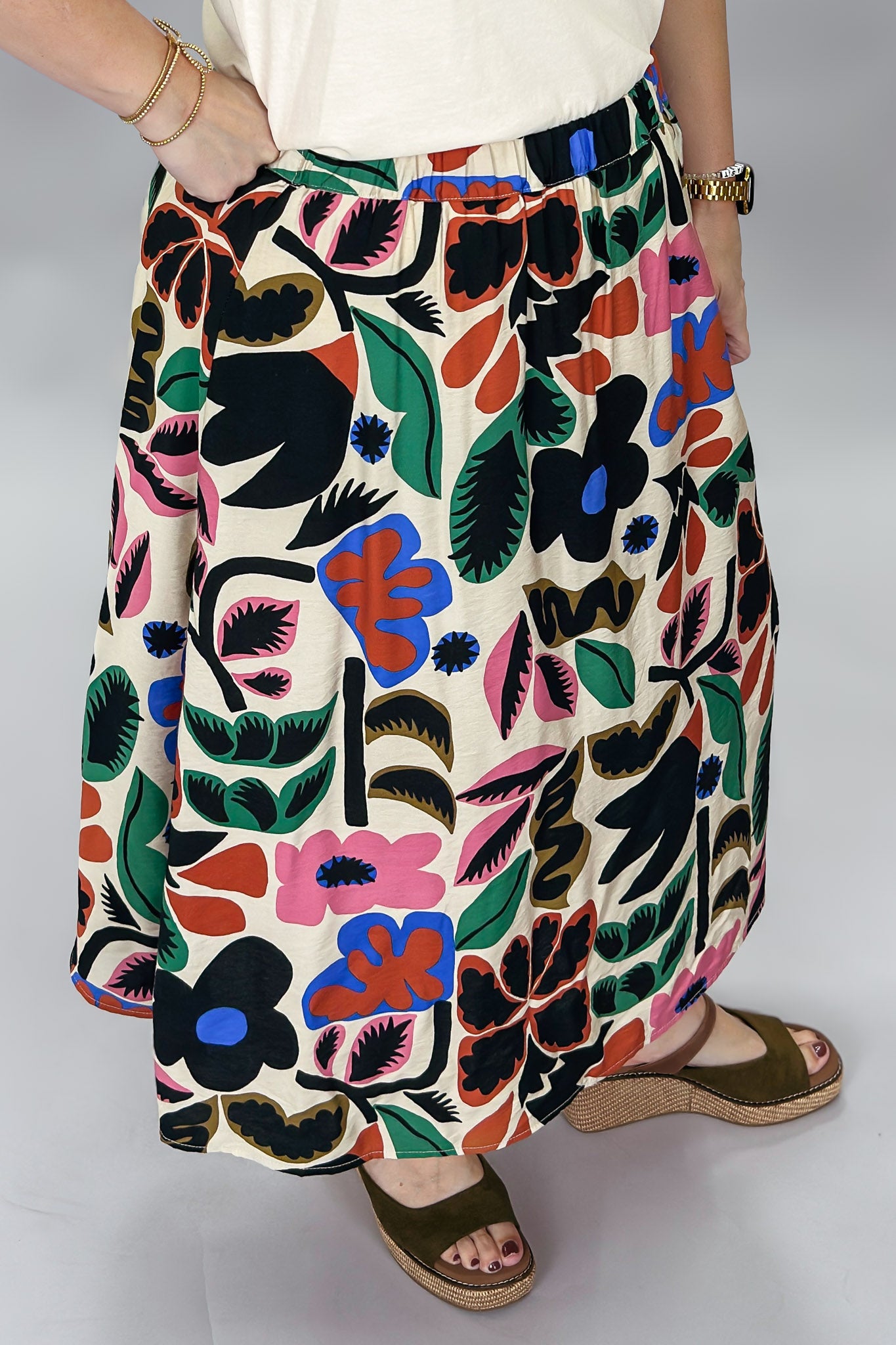 Detail crop of the Candle Flame skirt’s oversized navy, blue, pink, rust, and green floral motifs on a cream background, with the high waist and A-line midi drape visible.