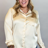 Careless Whisperer Satin Button-Down Top, Cream