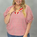Castle Walls Gingham Collard Dolman Top, Red
