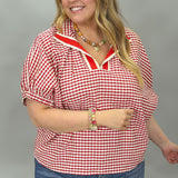 Castle Walls Gingham Collard Dolman Top, Red