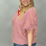 Castle Walls Gingham Collard Dolman Top, Red