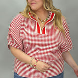 Castle Walls Gingham Collard Dolman Top, Red