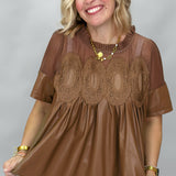Cheer Up Baby Caramel Sheer Ruffle Neck Top
