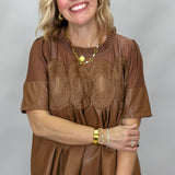 Cheer Up Baby Caramel Sheer Ruffle Neck Top