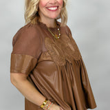 Cheer Up Baby Caramel Sheer Ruffle Neck Top