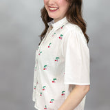 Cherries Button Up Top, White