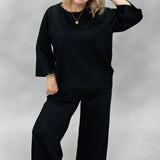 Chin Up 3/4 Sleeve Crew Neck Wide Leg Pant Set, Black