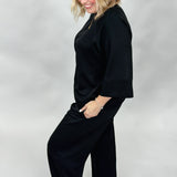 Chin Up 3/4 Sleeve Crew Neck Wide Leg Pant Set, Black