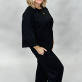 Chin Up 3/4 Sleeve Crew Neck Wide Leg Pant Set, Black