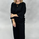 Chin Up 3/4 Sleeve Crew Neck Wide Leg Pant Set, Black