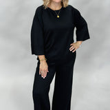 Chin Up 3/4 Sleeve Crew Neck Wide Leg Pant Set, Black