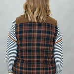 Staccato navy and brown plaid vest with mock neck and patch pockets; back view.