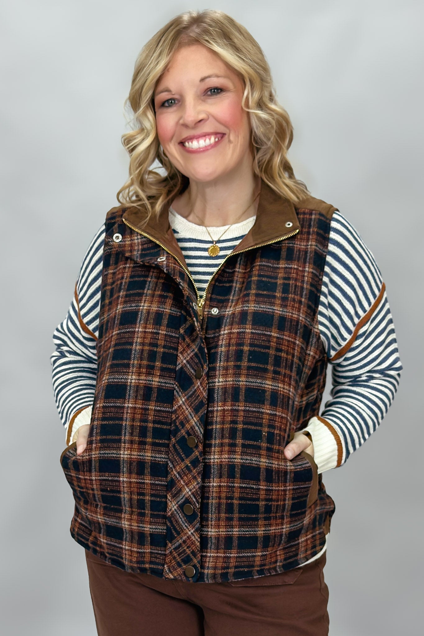 Clouds & Cream Plaid Hidden Zip Up Mock Neck Vest, Brown